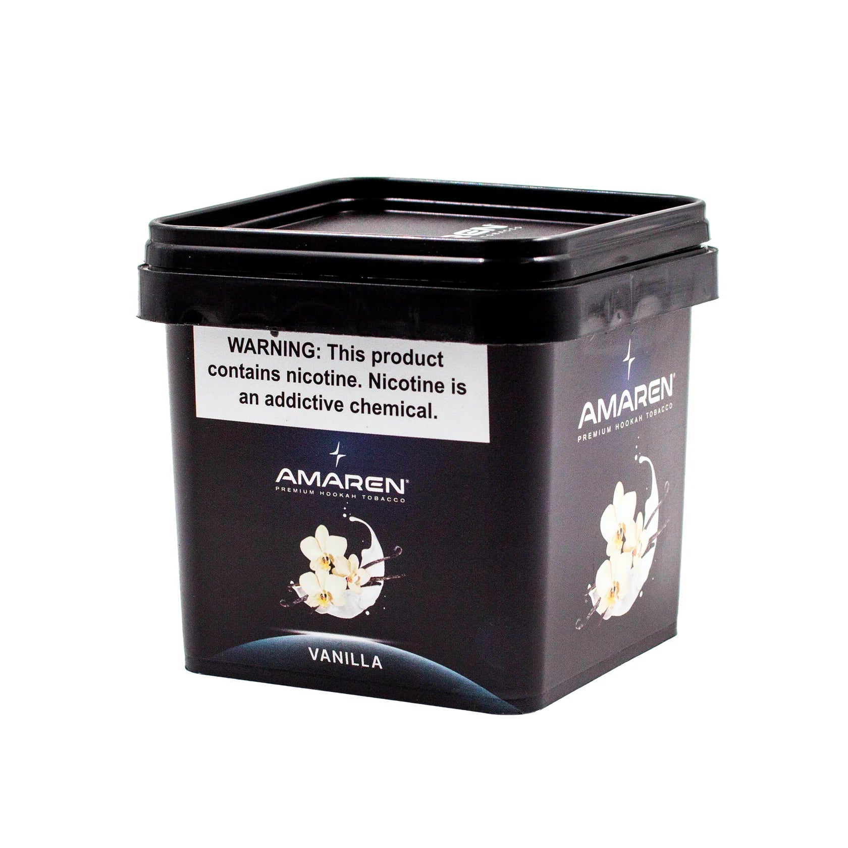 Black container of Amaren vanilla product with warning label on a white background