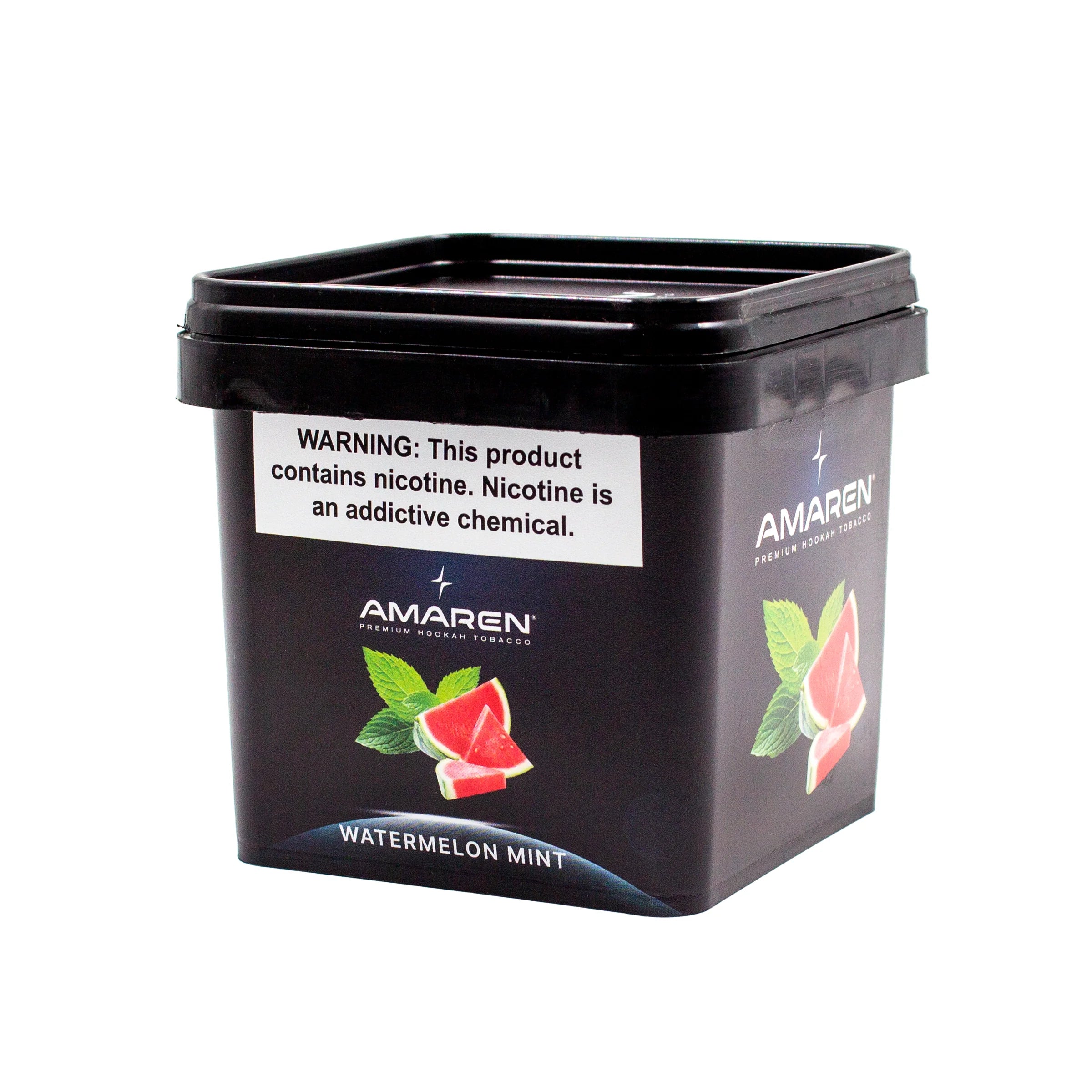Black container of Amaren watermelon mint tobacco with warning label on a white background