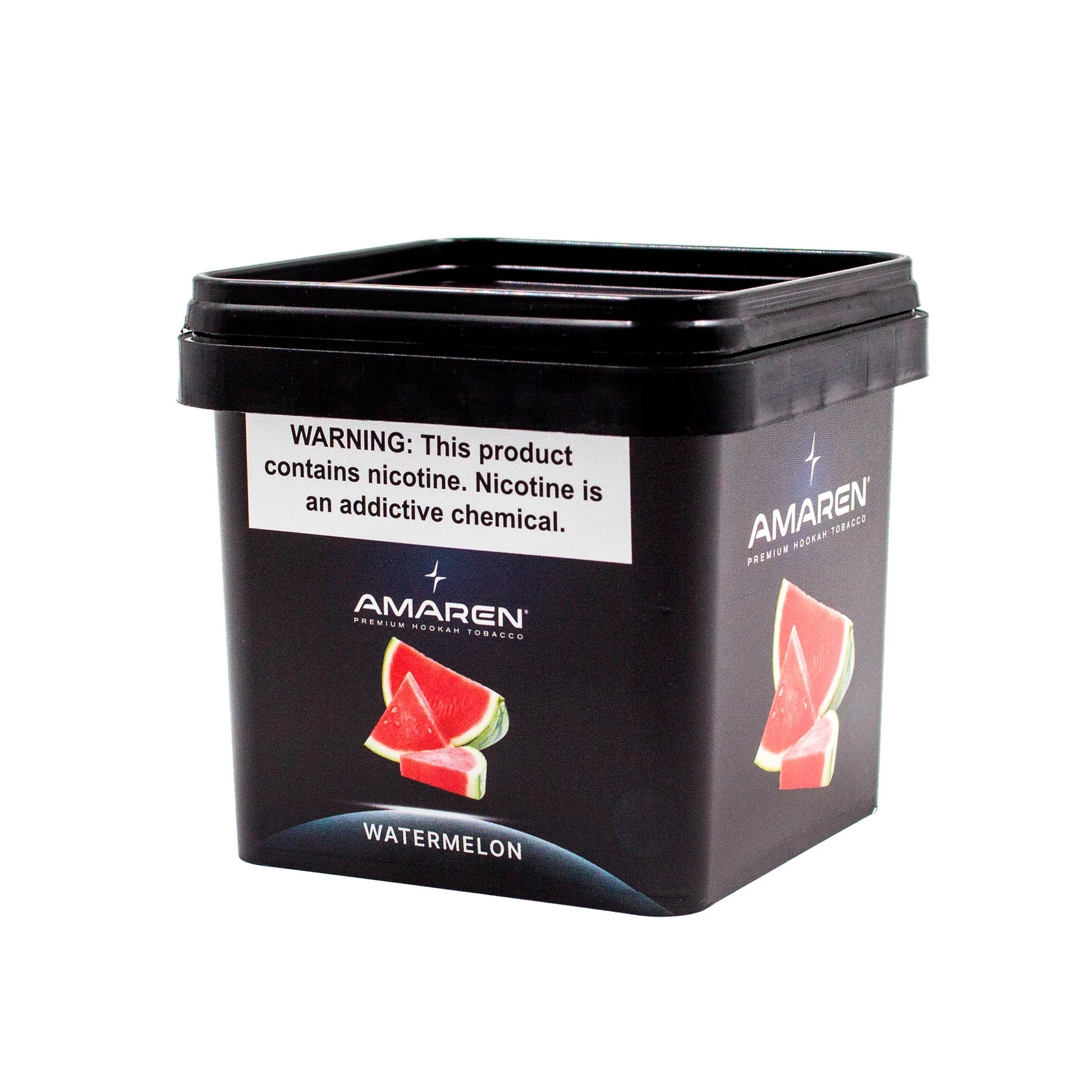 Black container of Amaren watermelon-flavored tobacco with warning label on a white background