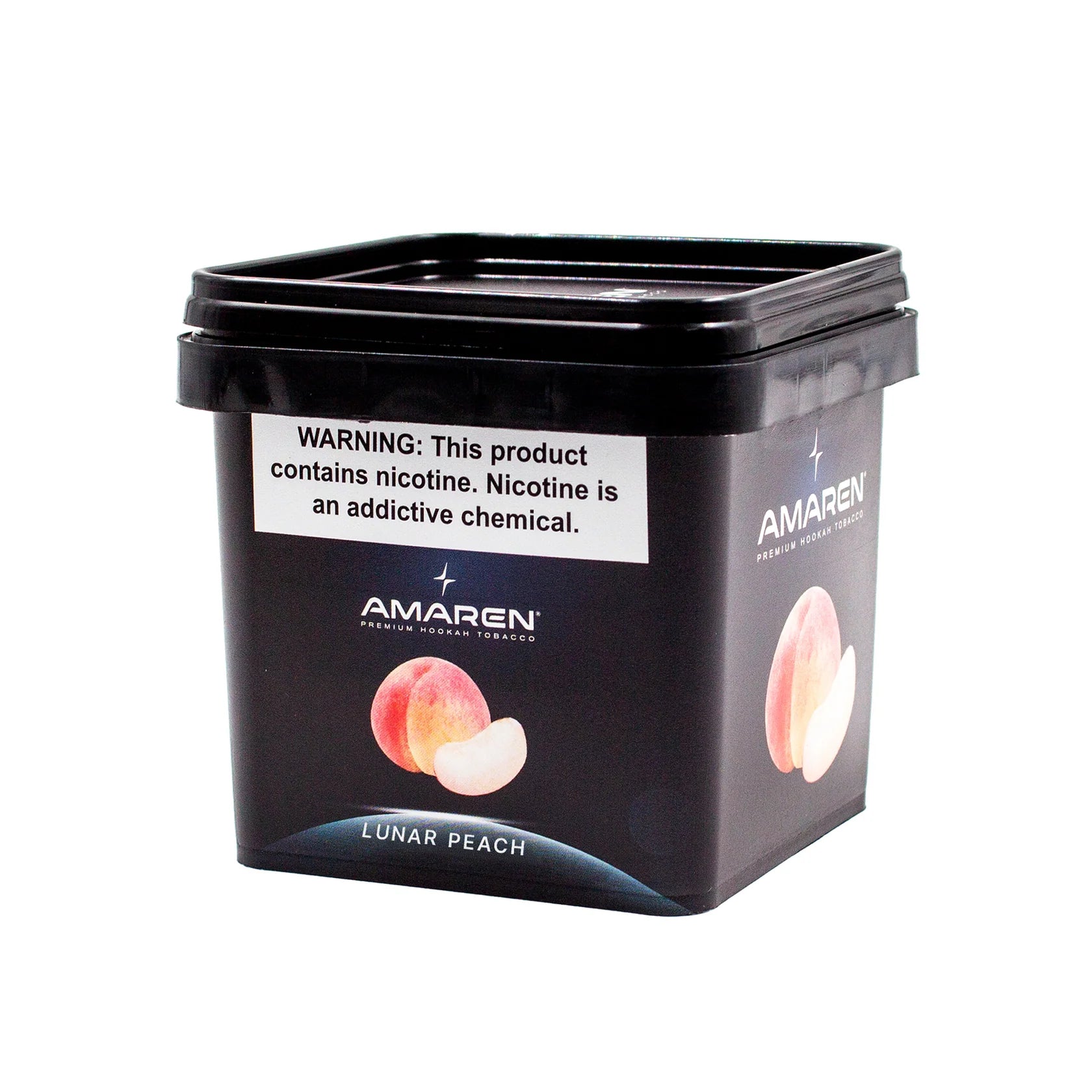 Black container of Amaren lunar peach flavor with nicotine warning label on a white background