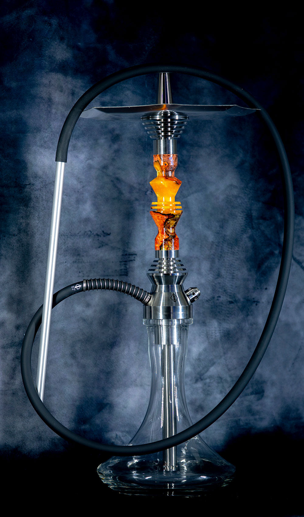 Full setup view of the B2 Hookah Carbon304 Precious Cut Collection Solar Grove in stainless steel with green wood-resin body