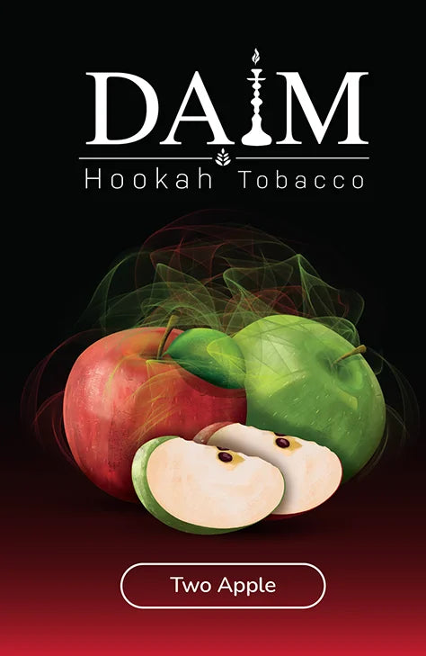 DAIM Hookah Tobacco packaging with apples and smoke on a dark background