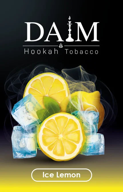 DAIM Hookah Tobacco Ice Lemon flavor packaging with lemons and ice cubes on a dark background.