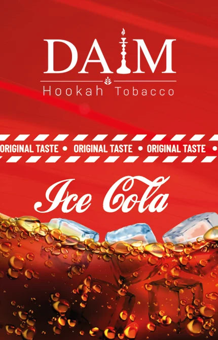 DAIM Hookah Tobacco Ice Cola packaging with red background and ice cubes.