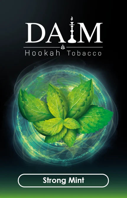 DAIM Hookah Tobacco packaging with mint leaves and 'Strong Mint' label on a dark background