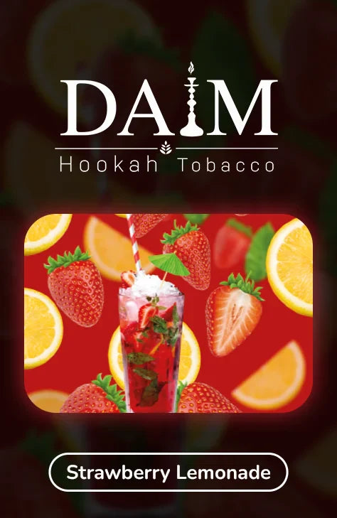 DAIM Strawberry Lemonade hookah tobacco packaging with fruit illustrations on a dark background