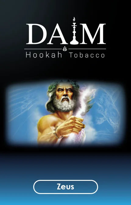 DAIM Hookah Tobacco packaging with a depiction of Zeus on a dark background