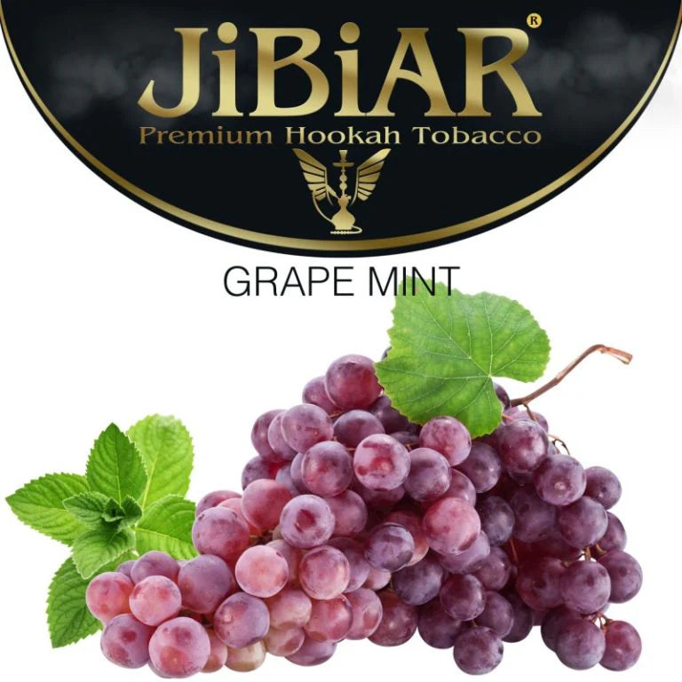JIBIAR Premium Hookah Tobacco packaging with grapes and mint leaves on a white background