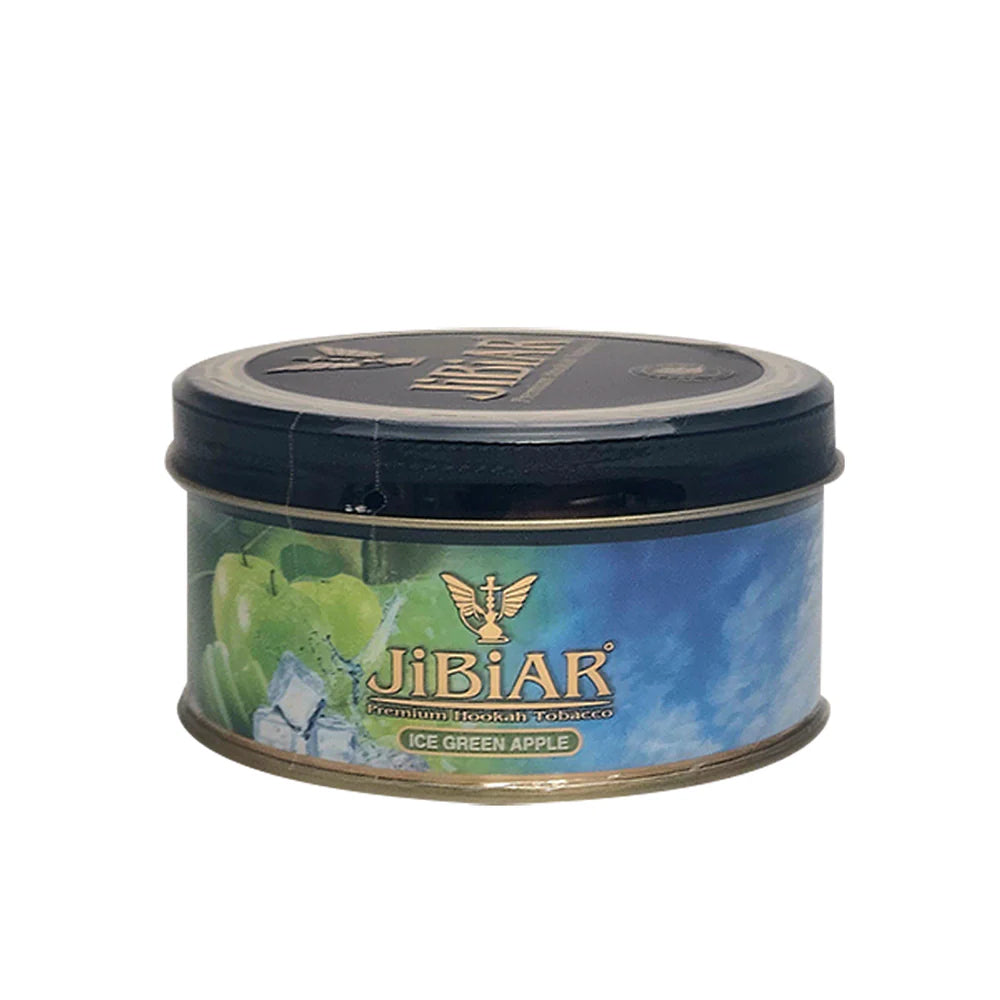 Jibiar ice green apple tobacco tin on a white background
