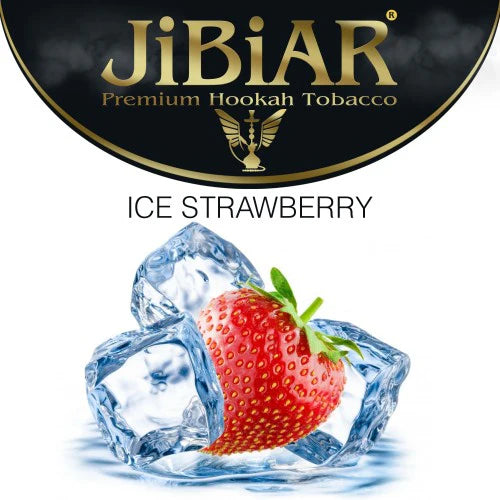 JIBIAR Premium Hookah Tobacco Ice Strawberry flavor with a strawberry and ice cubes on a white background.