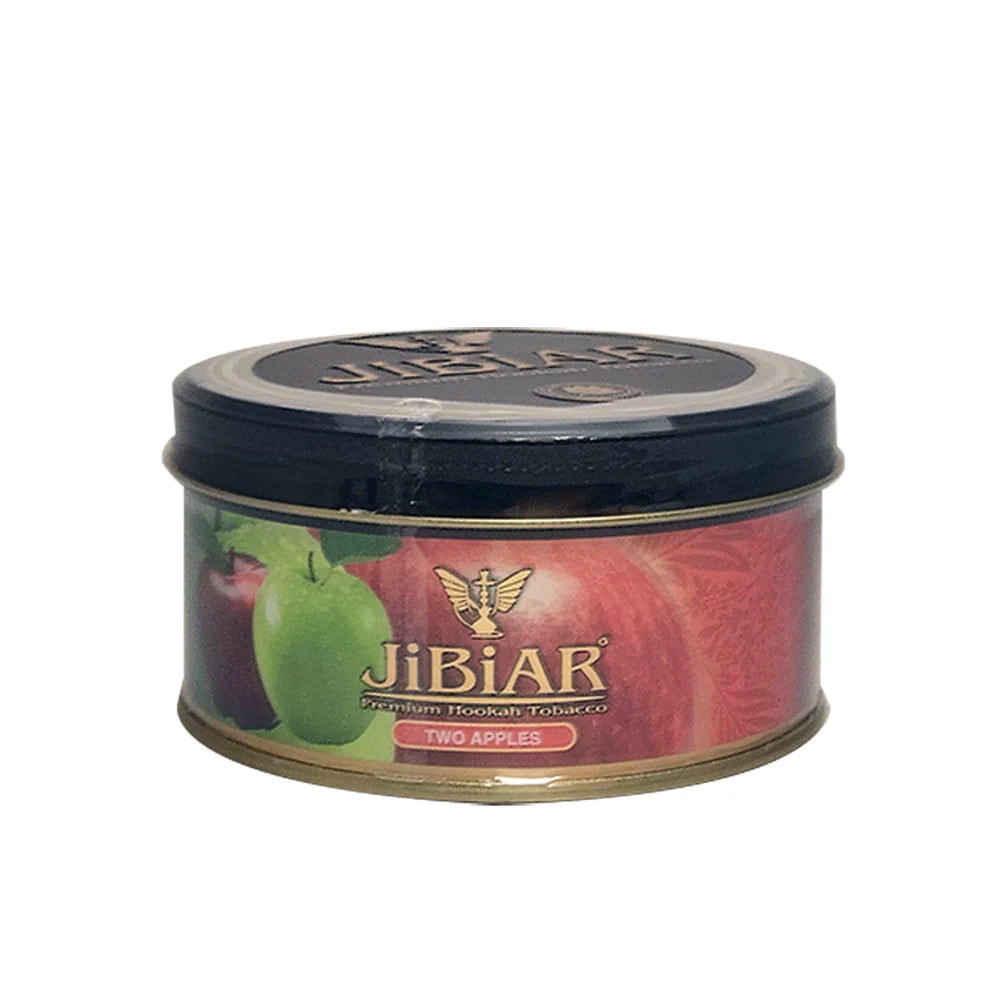 Jibiar hookah tobacco canister with 'Two Apples' flavor on a white background