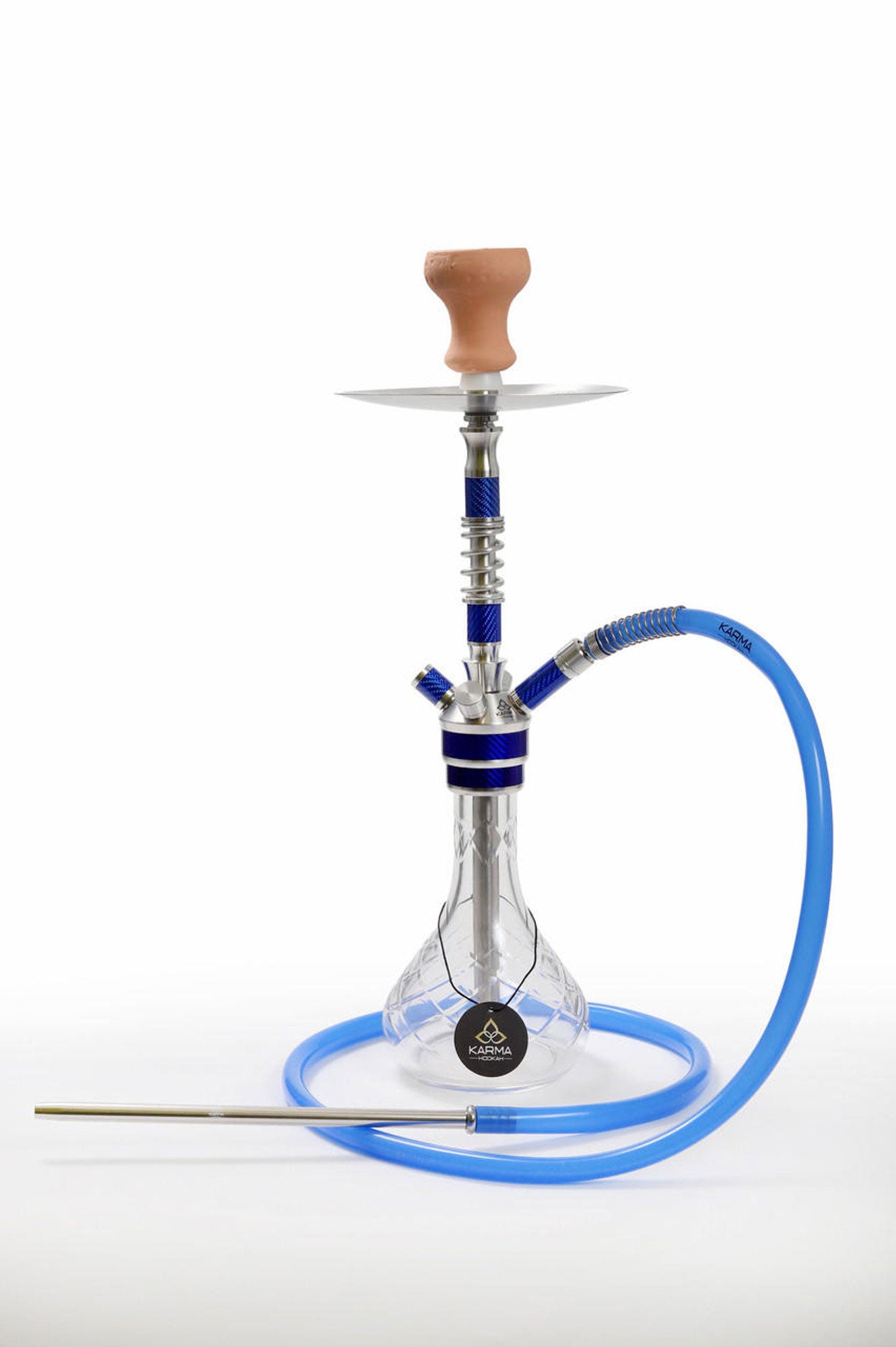 Full setup of Karma Sirius Hookah in blue – stainless steel and carbon finish
