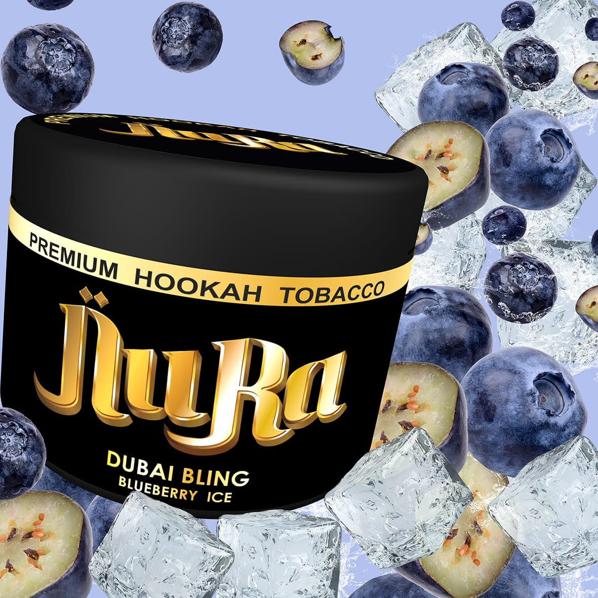 Nura Premium Hookah Tobacco container with blueberries and ice cubes on a blue background