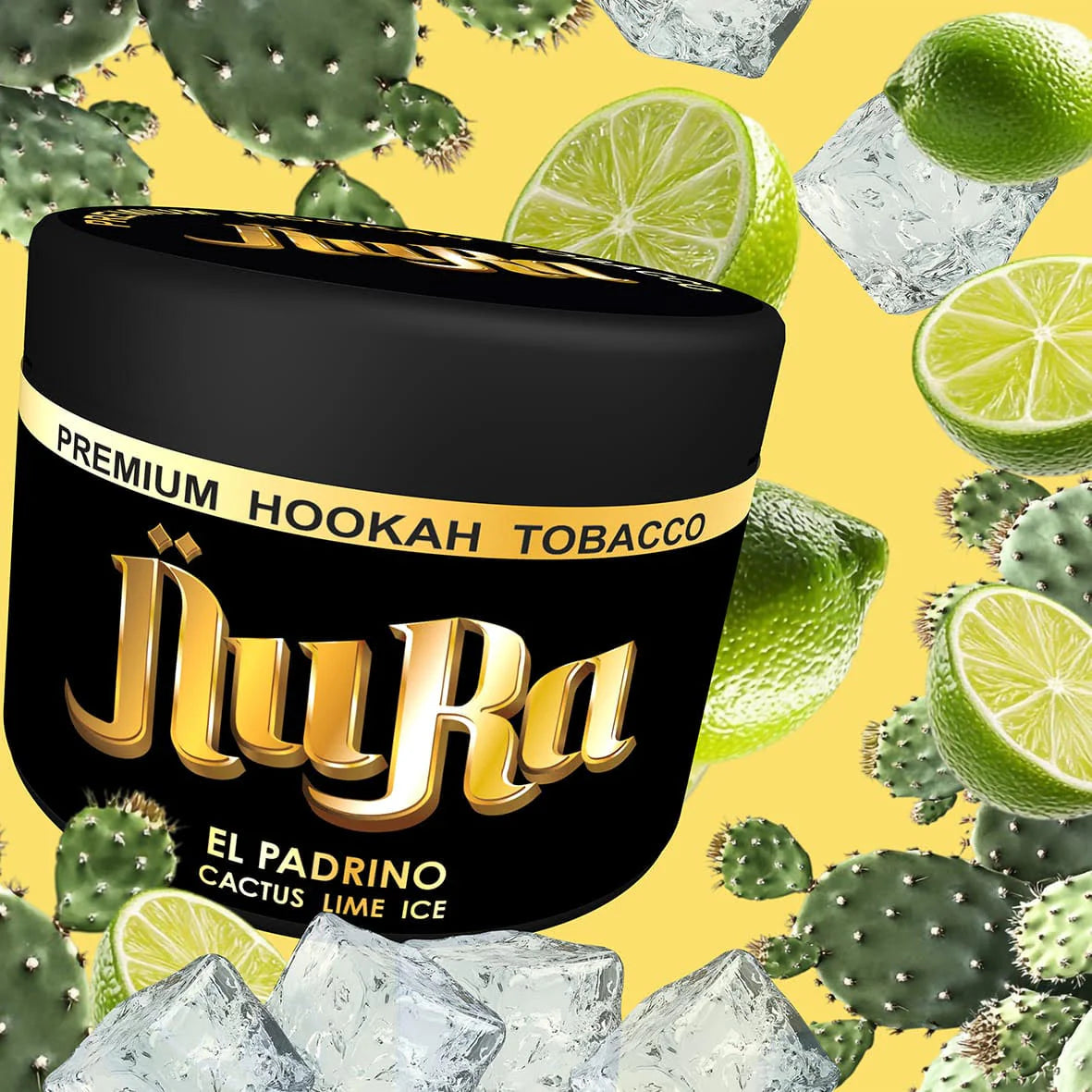 JuRa hookah tobacco container with cactus and lime elements on a yellow background