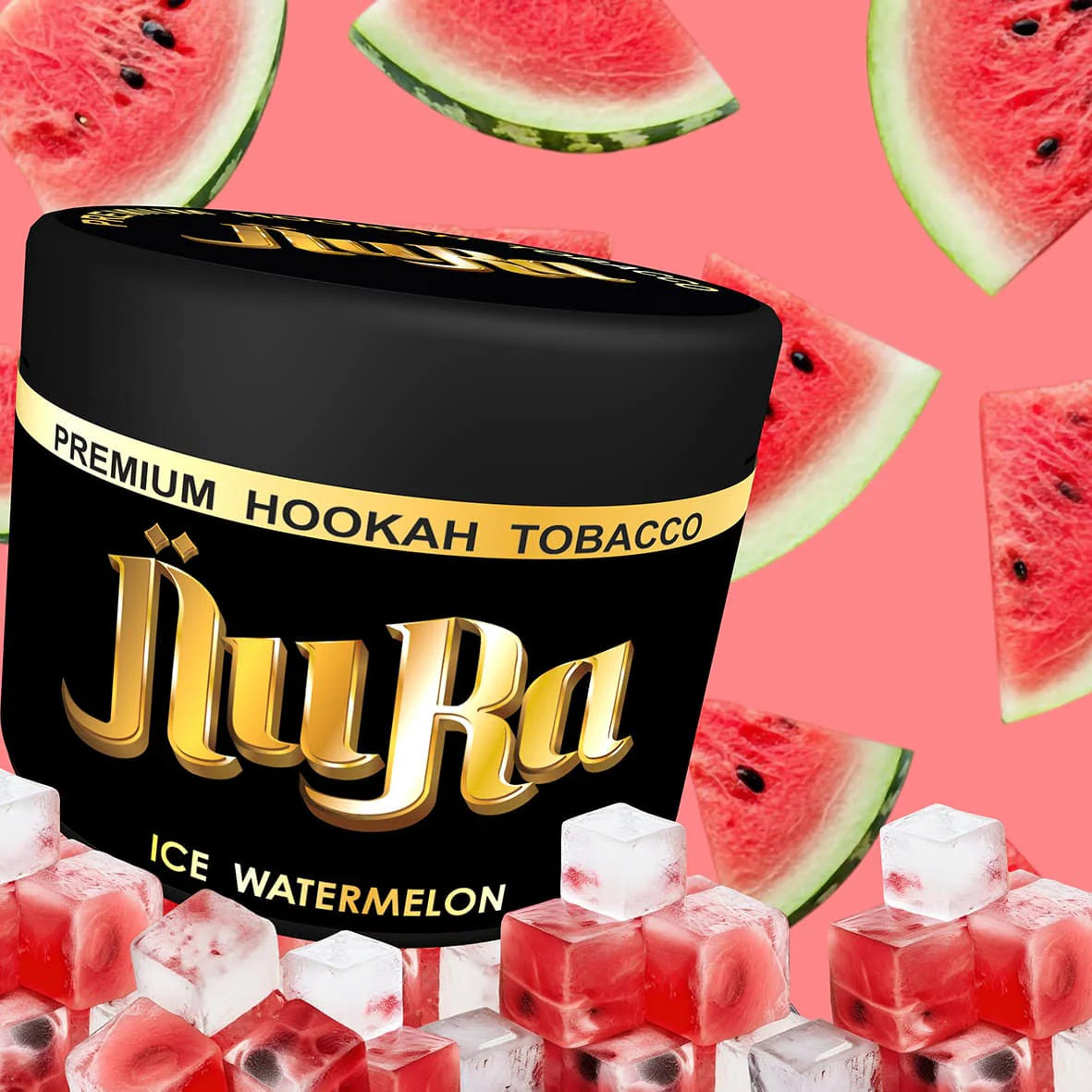 Nura Premium Hookah Tobacco container with ice watermelon flavor on a pink background with watermelon slices.