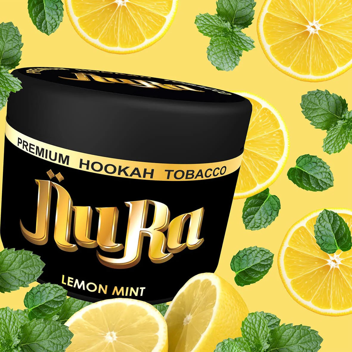 NuRa Premium Hookah Tobacco container with lemon and mint leaves on a yellow background