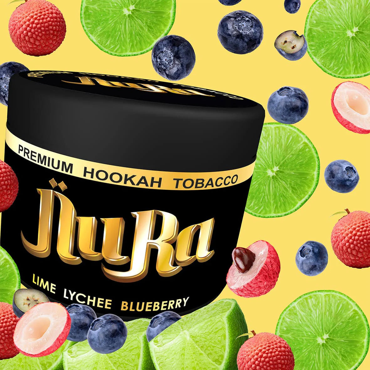 Nura hookah tobacco can with lime, lychee, and blueberry on a yellow background