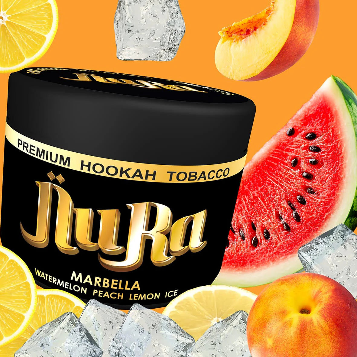 Nura hookah tobacco can with watermelon, peach, lemon, and ice on an orange background