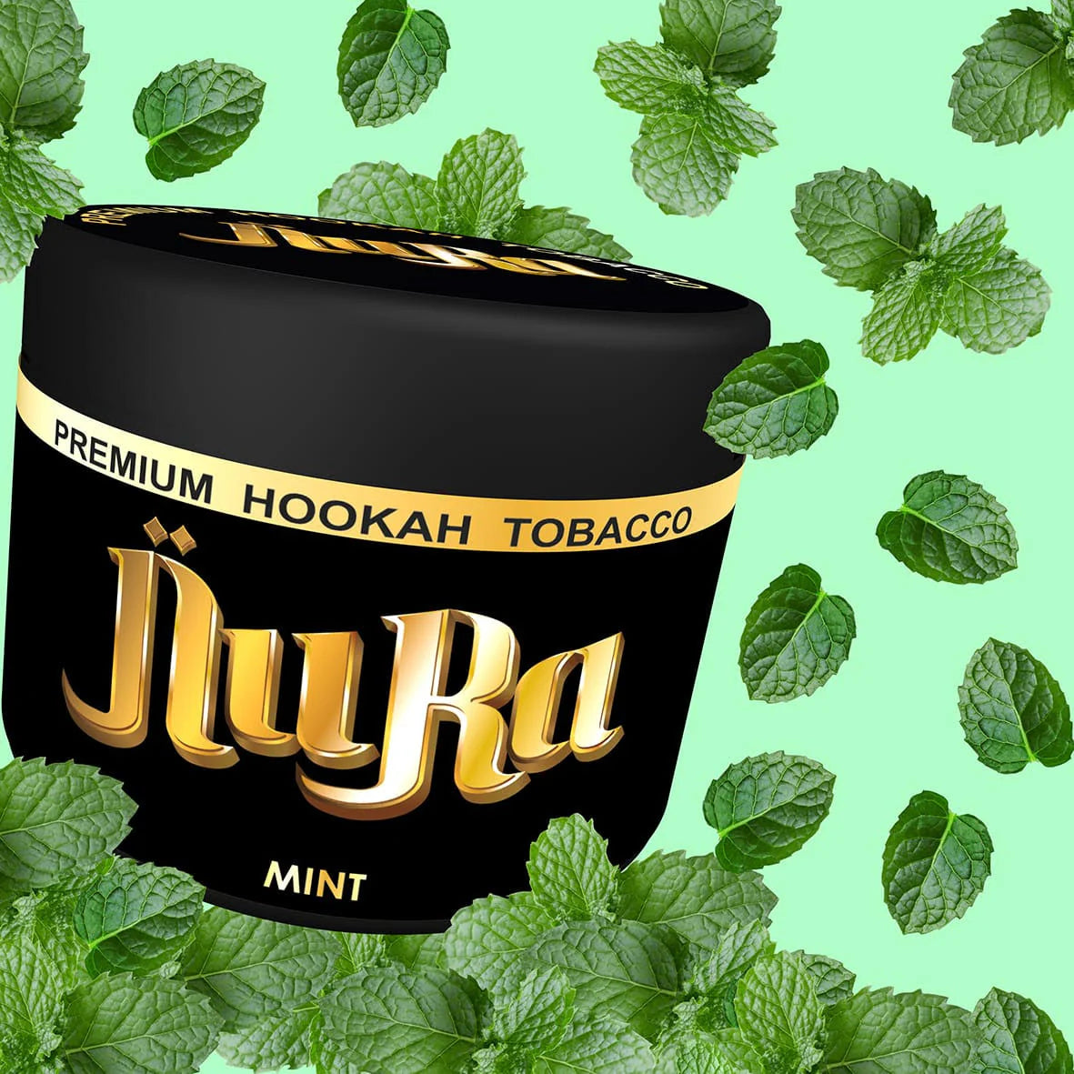 Nura Premium Hookah Tobacco can with mint flavor on a green background with mint leaves.