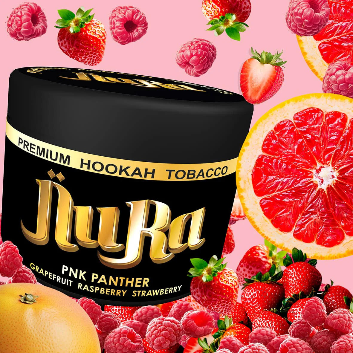 Mura Premium Hookah Tobacco container with pink panther flavor surrounded by fruits on a pink background