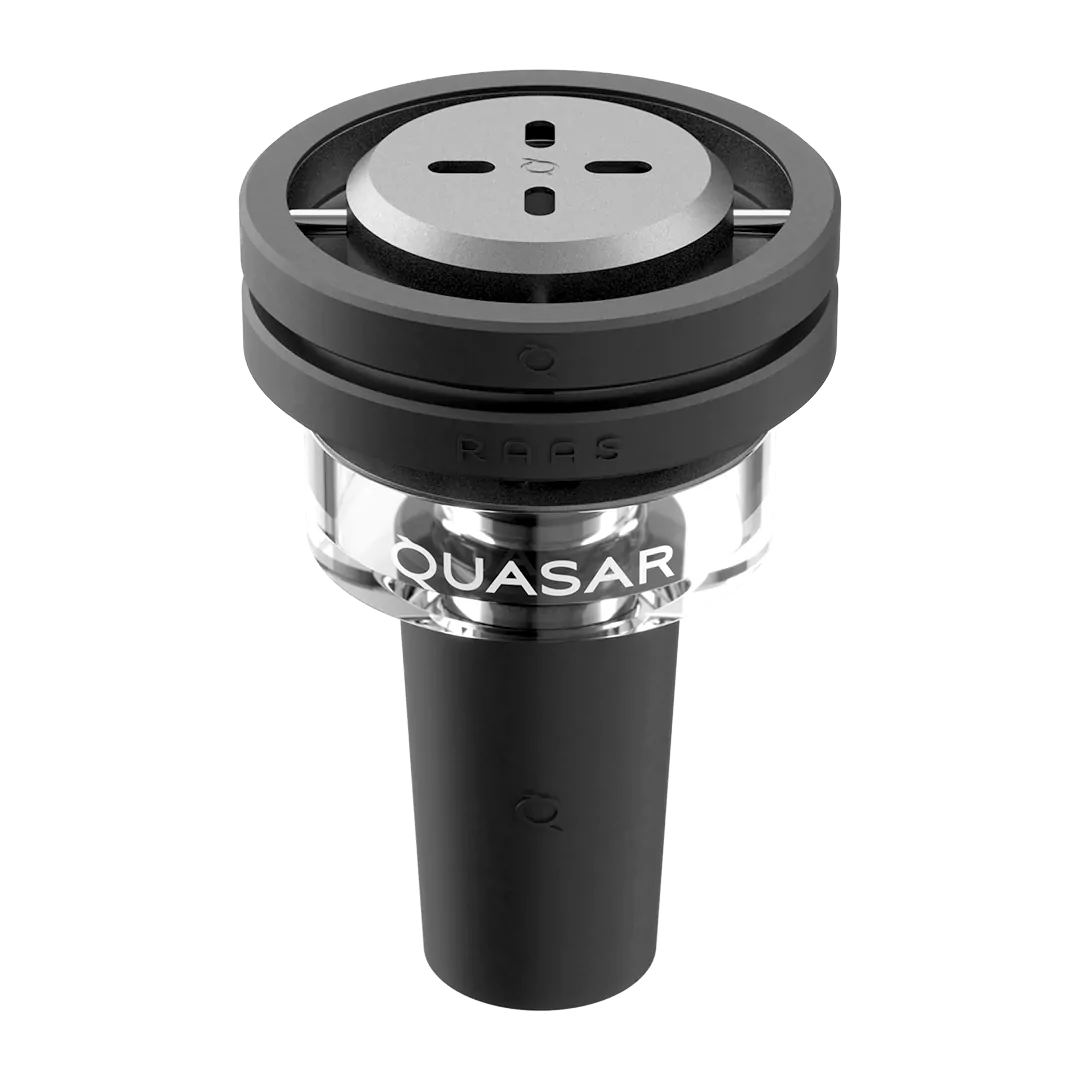 Close-up view of Quasar Petite Raas 2 thermal system with silicone grip and mini glass bowl