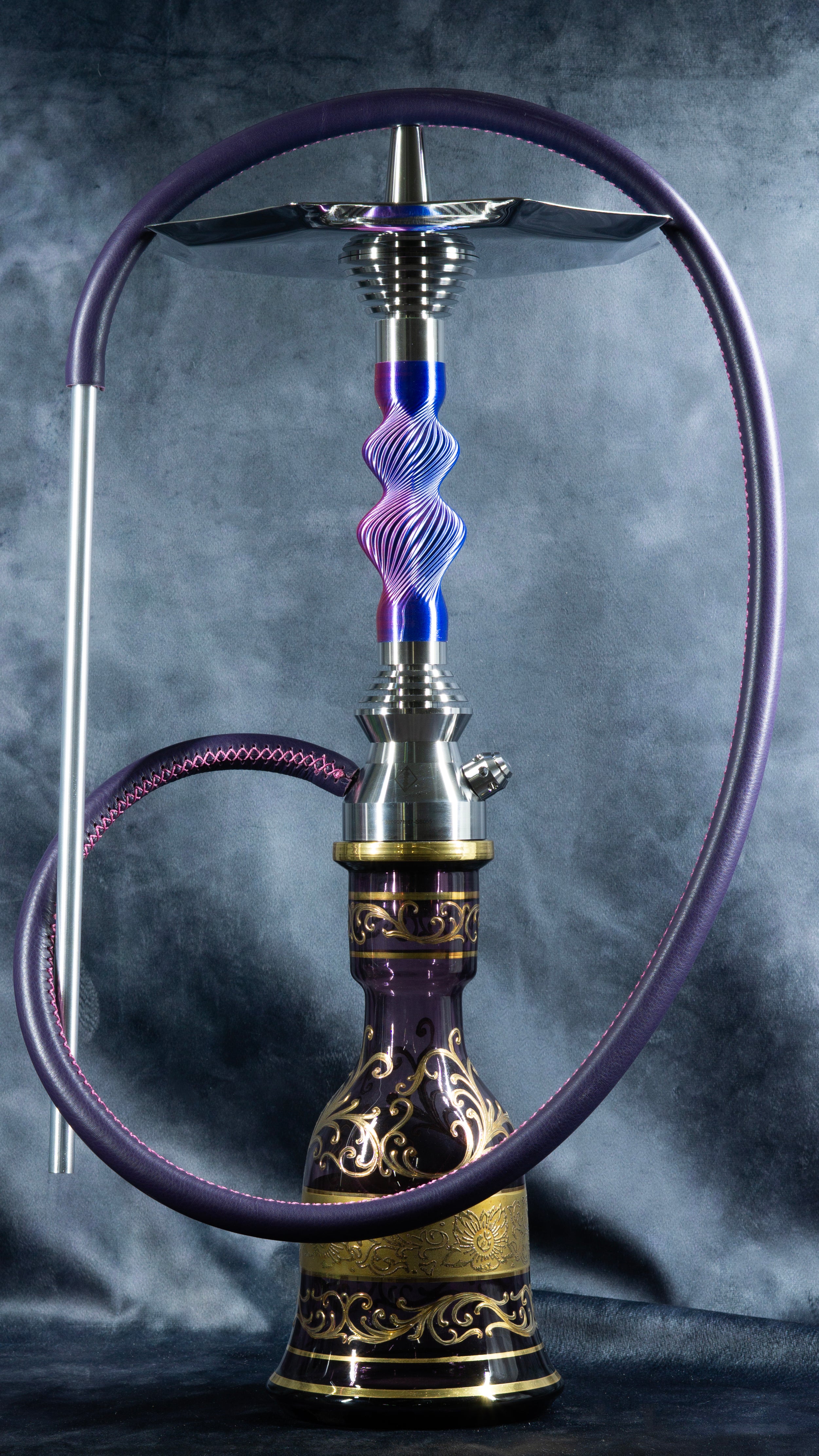 B2 Hookah Stainless Steel Purple Hose Helix Magenta Blue with Bohemian Crystal Vase