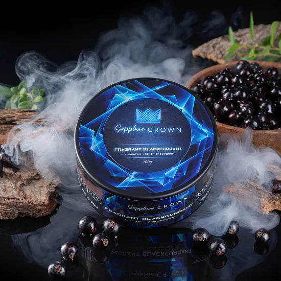 Sapphire Crown Fragrant Blackcurrant hookah setup with tobacco packaging