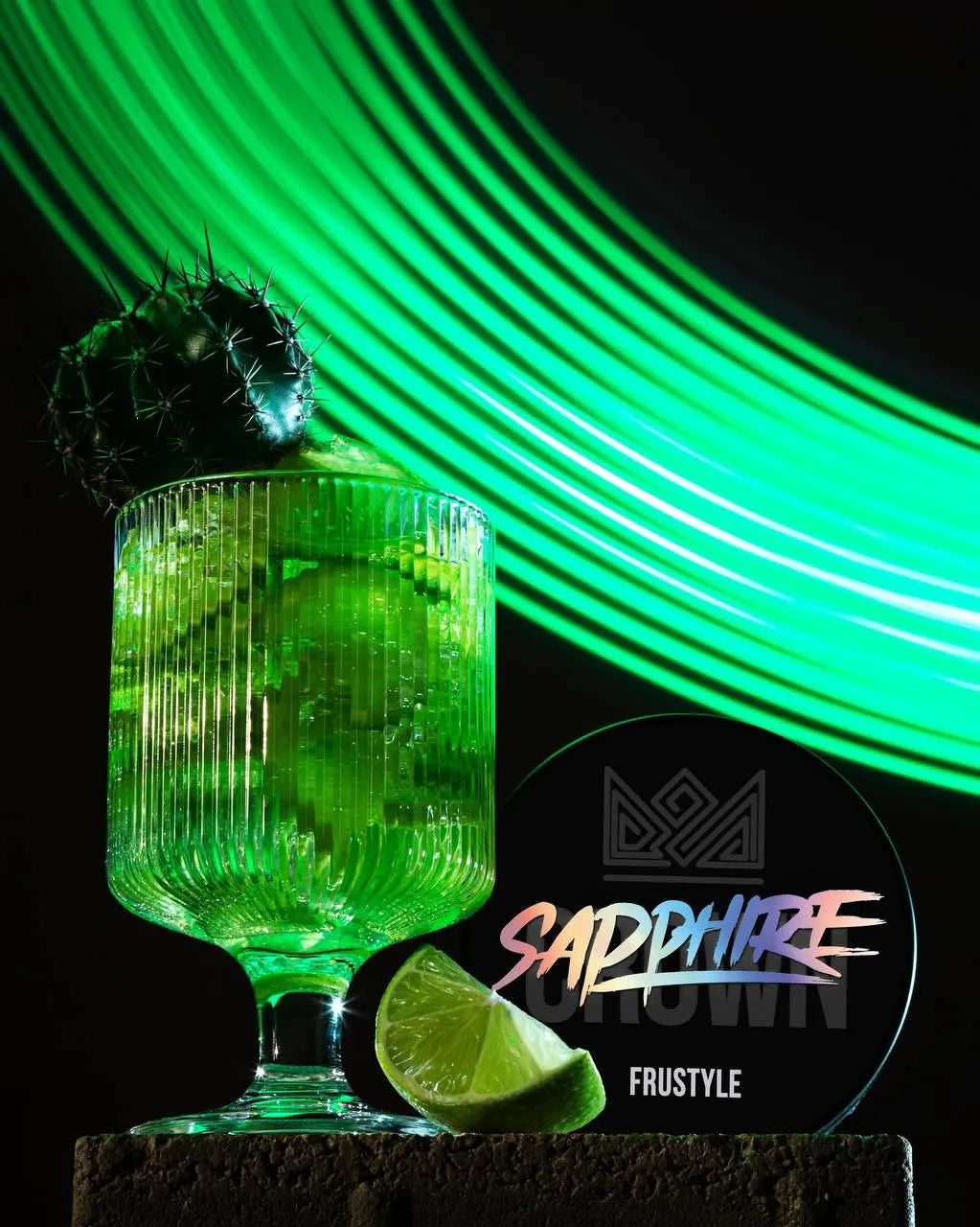 Sapphire Crown Froostyle hookah setup with lemon and cactus background