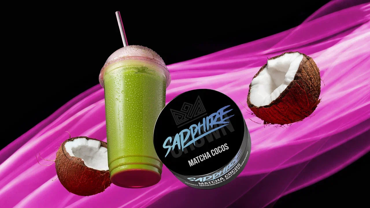 Sapphire Crown Matcha Cocos full hookah setup with coconut and tea props