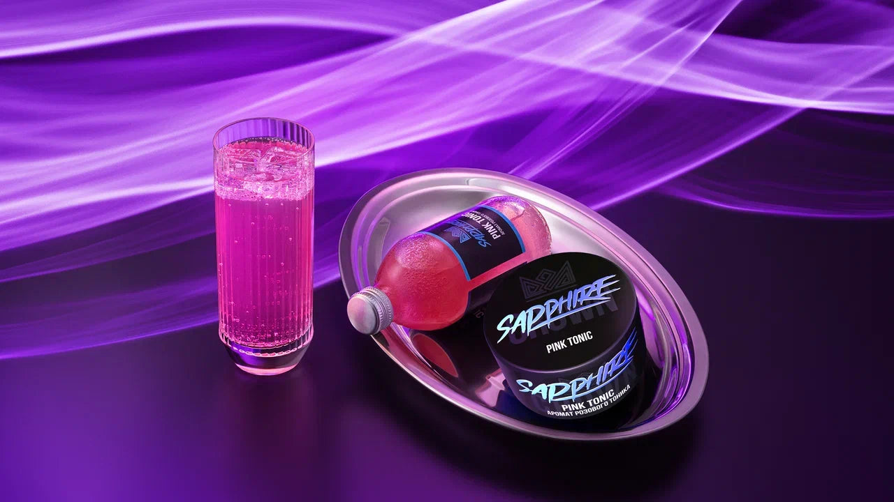 Full hookah setup with Sapphire Crown Pink Tonic, styled with tonic water and floral garnishes