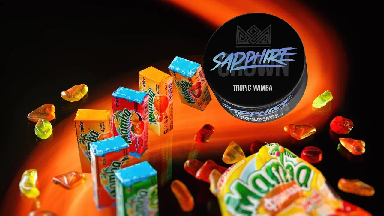 Tropical Mamba hookah setup styled with tropical fruit and candy accents