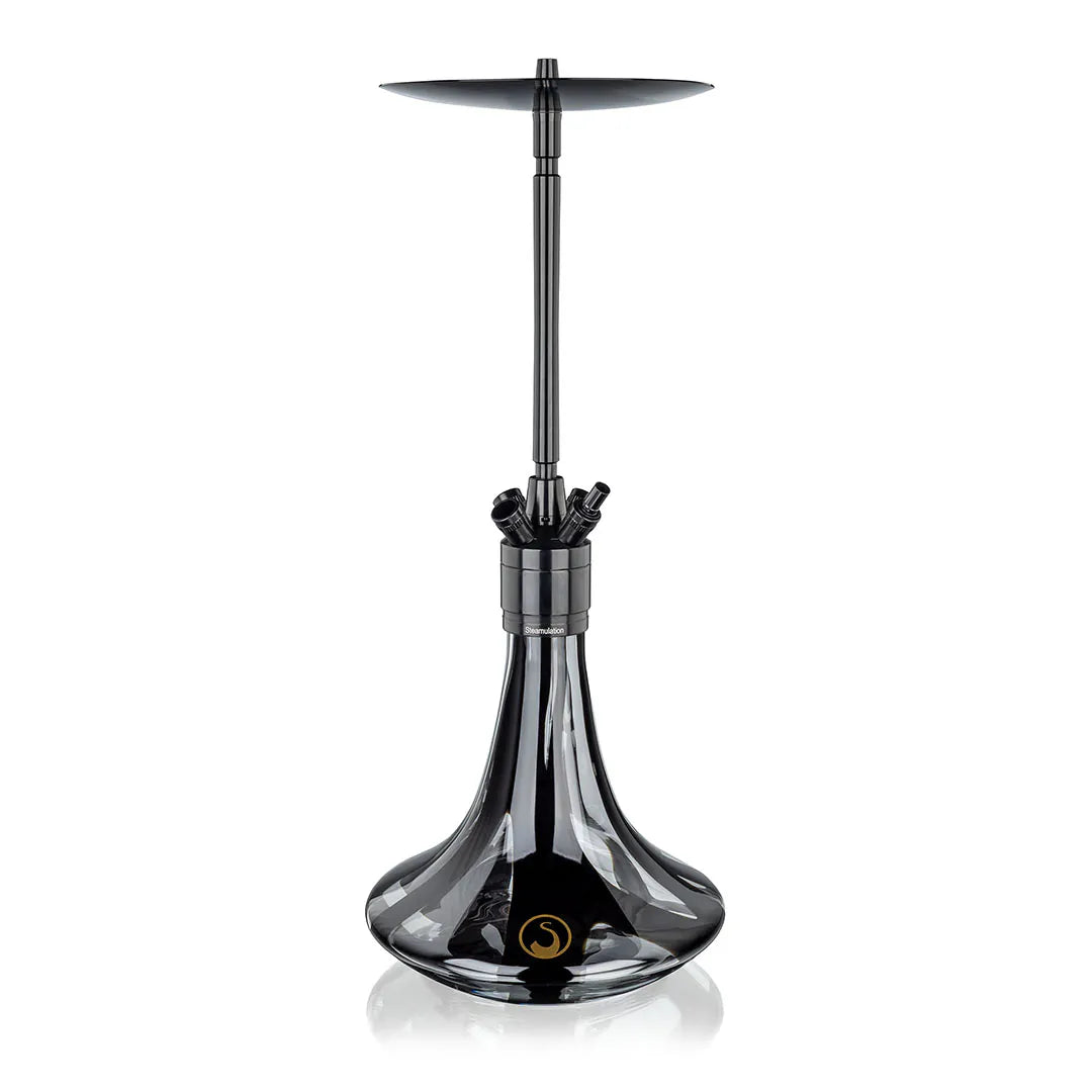 Black glass hookah with metallic accents on a white background