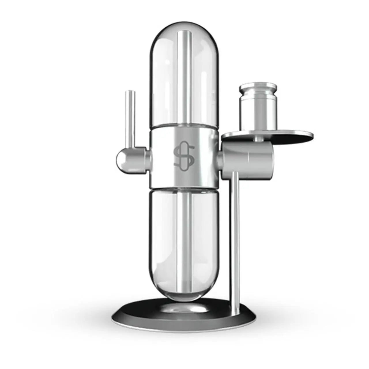 Fully assembled Silver Gravity Hookah with glass globes and anodized aluminum frame.