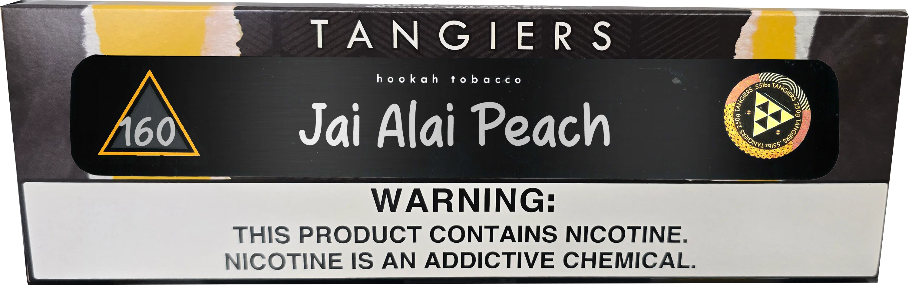 Front packaging of a Tangiers Hookah Tobacco Jai Alai Peach product box, featuring a black and white design with a yellow 160 triangle logo and a nicotine warning label.