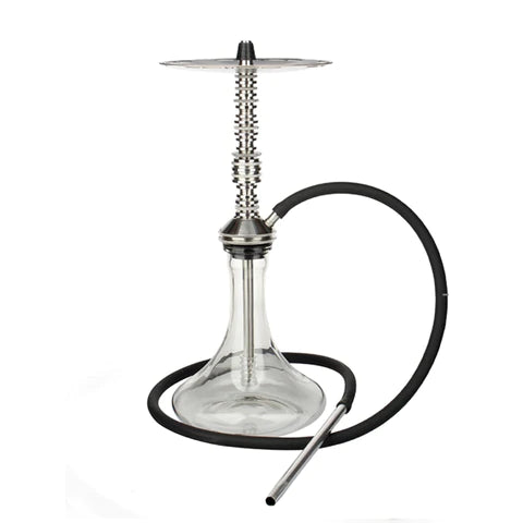 VZ Custom Shisha with glass container, metal hose, and decorative top on a white background