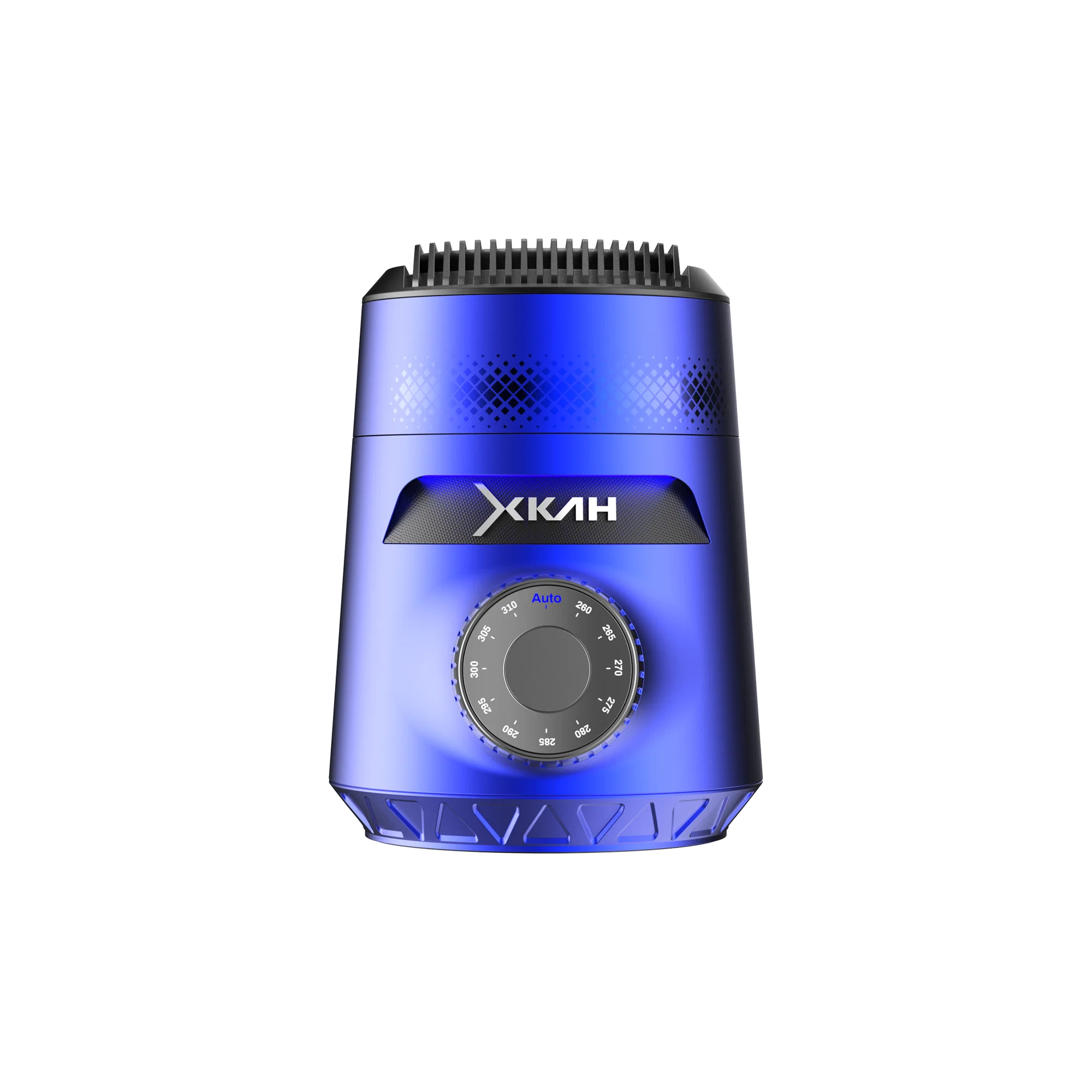 A blue and black electric shaver shown from the front on a solid white background, featuring a textured blue body, a central control dial, and the brand name 'КИММАН' on a black accent band.
