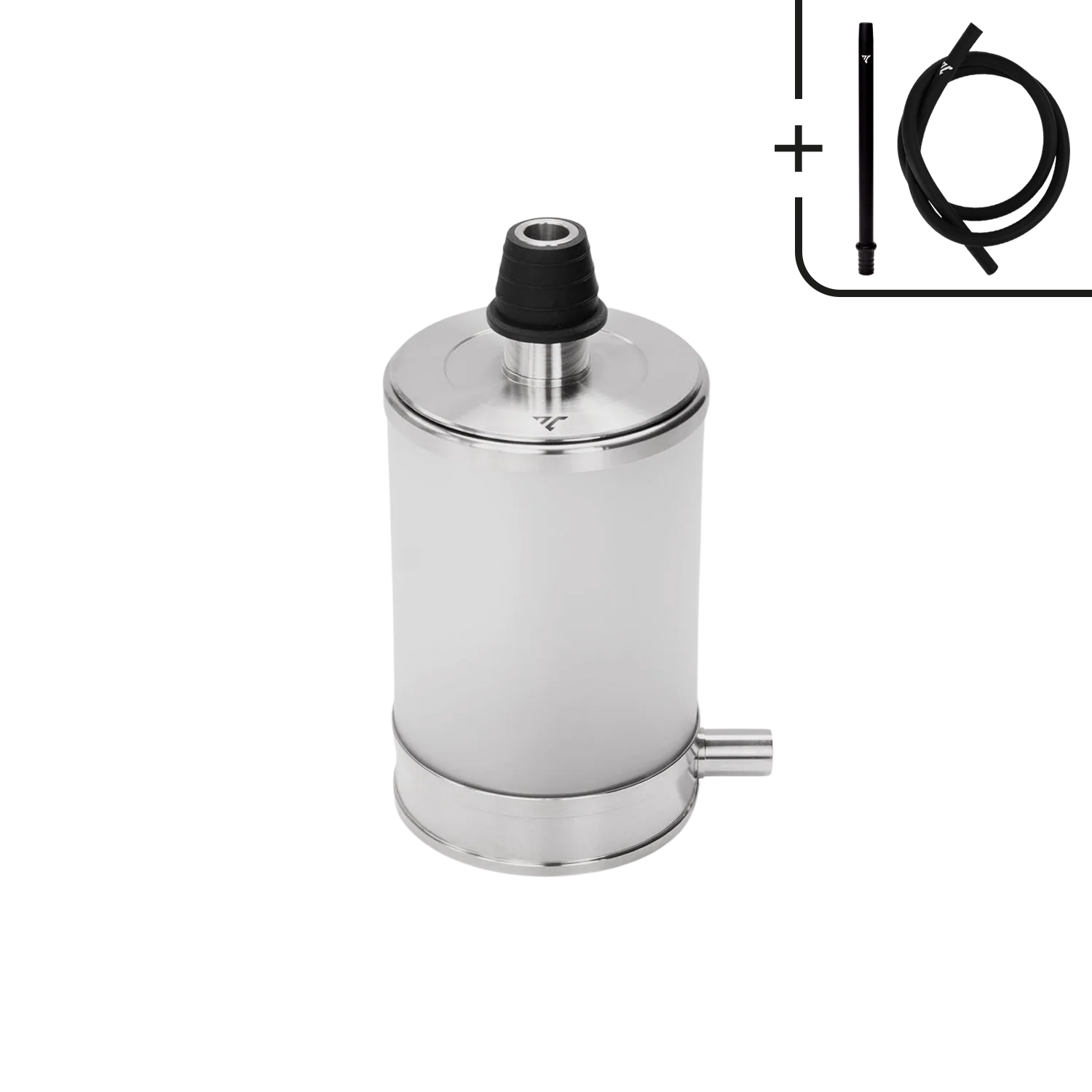 Chrome water filter with black top and hose attachment on a white background