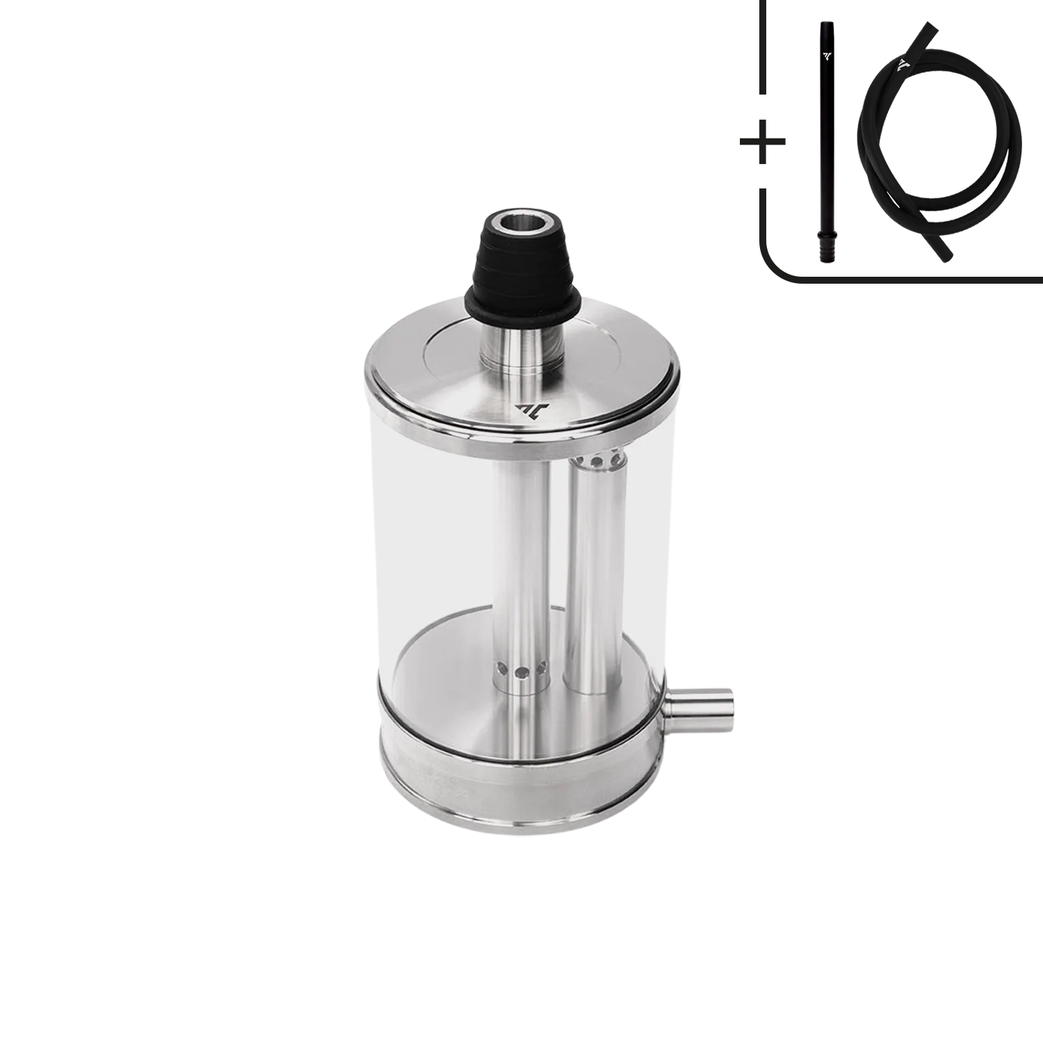 Clear cylindrical device with black top and silver base on a white background