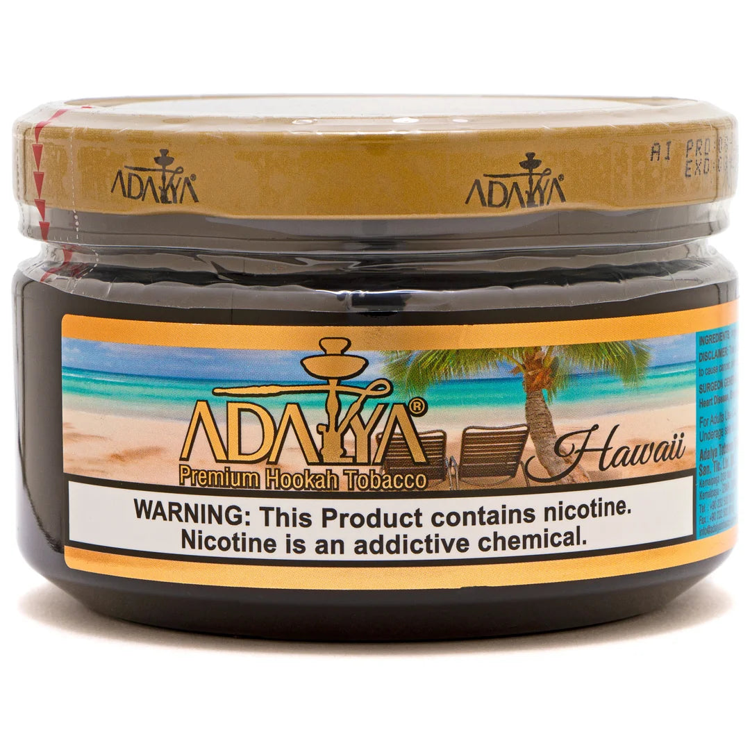 Adalya Hawaii Hookah Flavor tin with vibrant, tropical branding.