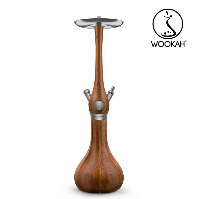 Wookah Hookah collection featuring handcrafted wooden hookahs with stainless steel and crystal glass bases.