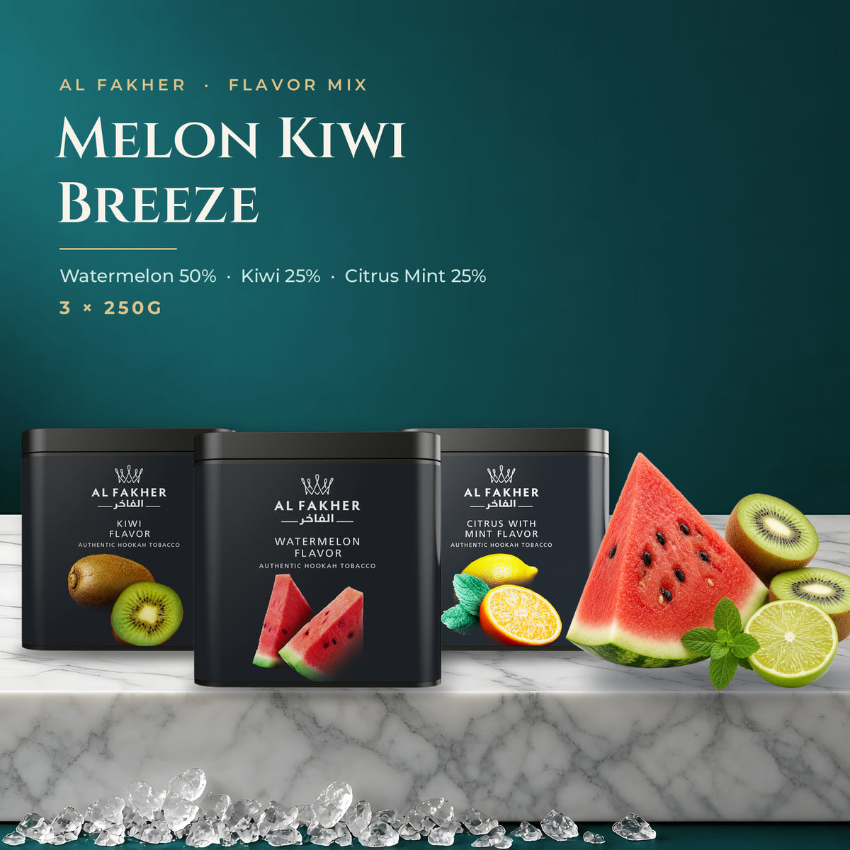 Al Fakher Flavor Mix Melon Kiwi Breeze — Watermelon, Kiwi and Citrus Mint 250G boxes with fruit on marble