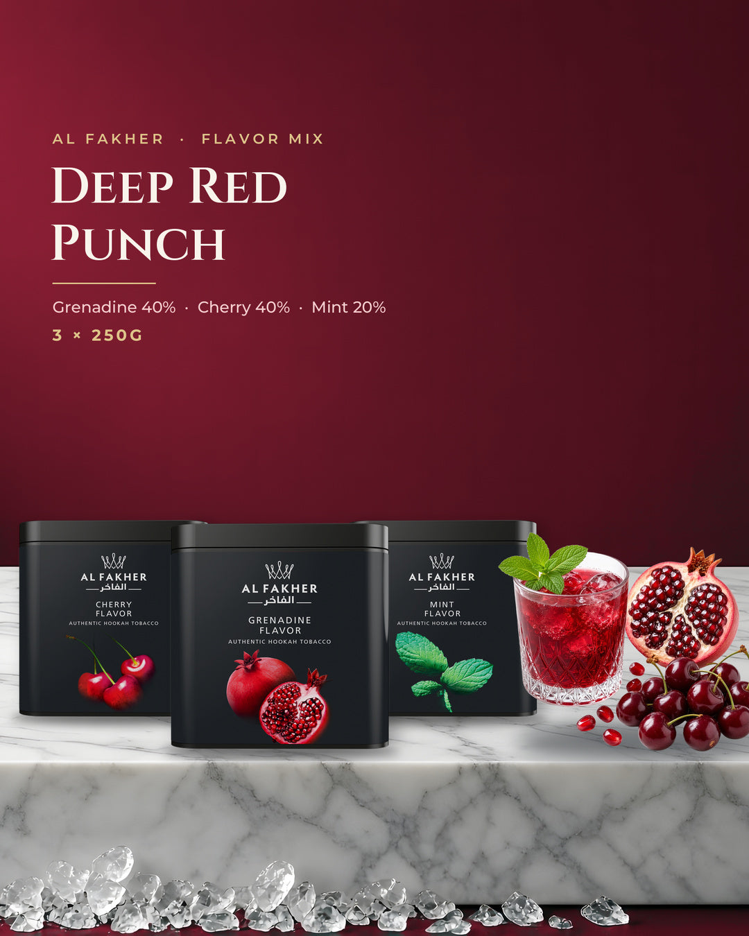 Al Fakher Flavor Mix Deep Red Punch — Grenadine, Cherry and Mint 250G boxes, portrait tile