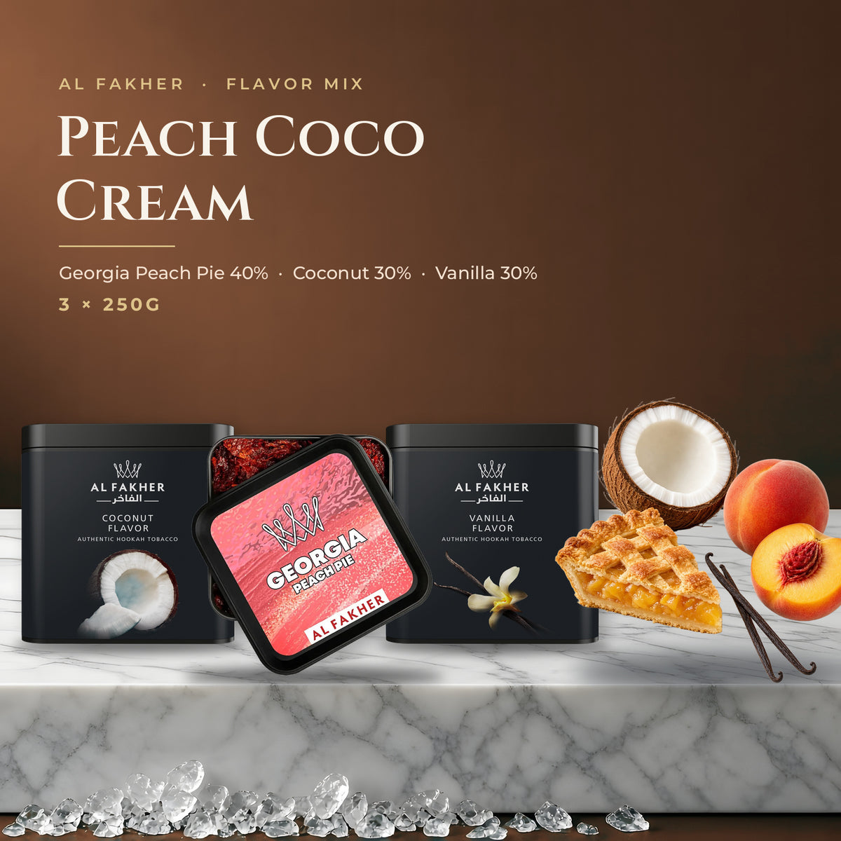 Al Fakher Flavor Mix Peach Coco Cream — Georgia Peach Pie, Coconut and Vanilla 250G boxes with fruit on marble