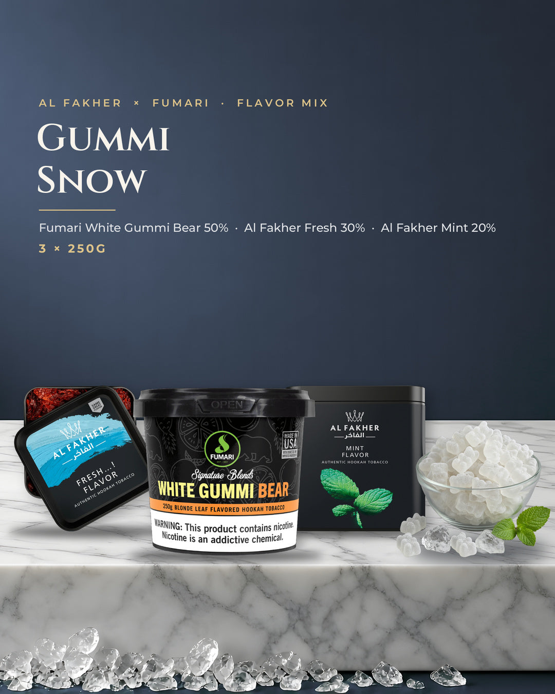 Al Fakher × Fumari Flavor Mix Gummi Snow — Fumari White Gummi Bear, Al Fakher Fresh and Al Fakher Mint 250G boxes, portrait tile