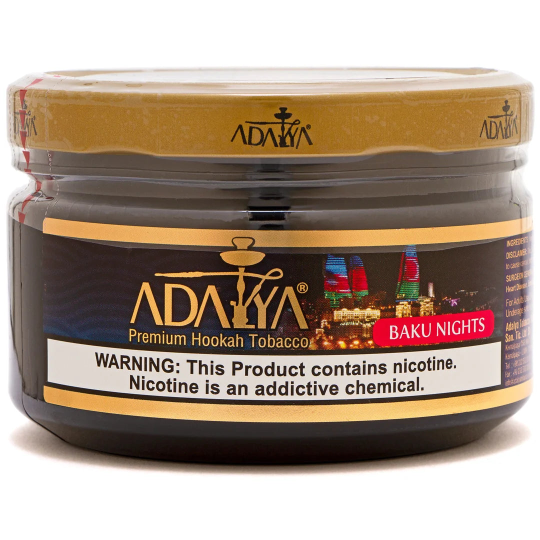 Adalya Baku Nights Hookah Flavor tin featuring bold and exotic branding.