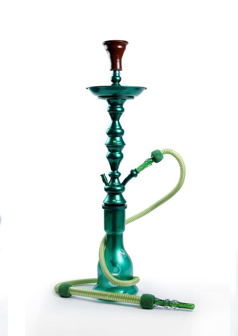 Green Egyptian Hookah with Decorative Glass Base and Silver Tray
