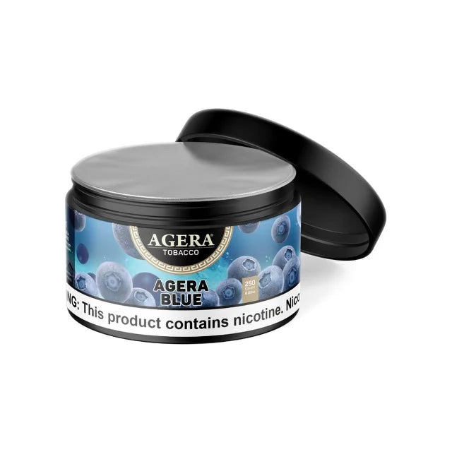 Agera Blue tobacco container with blueberry design on a white background