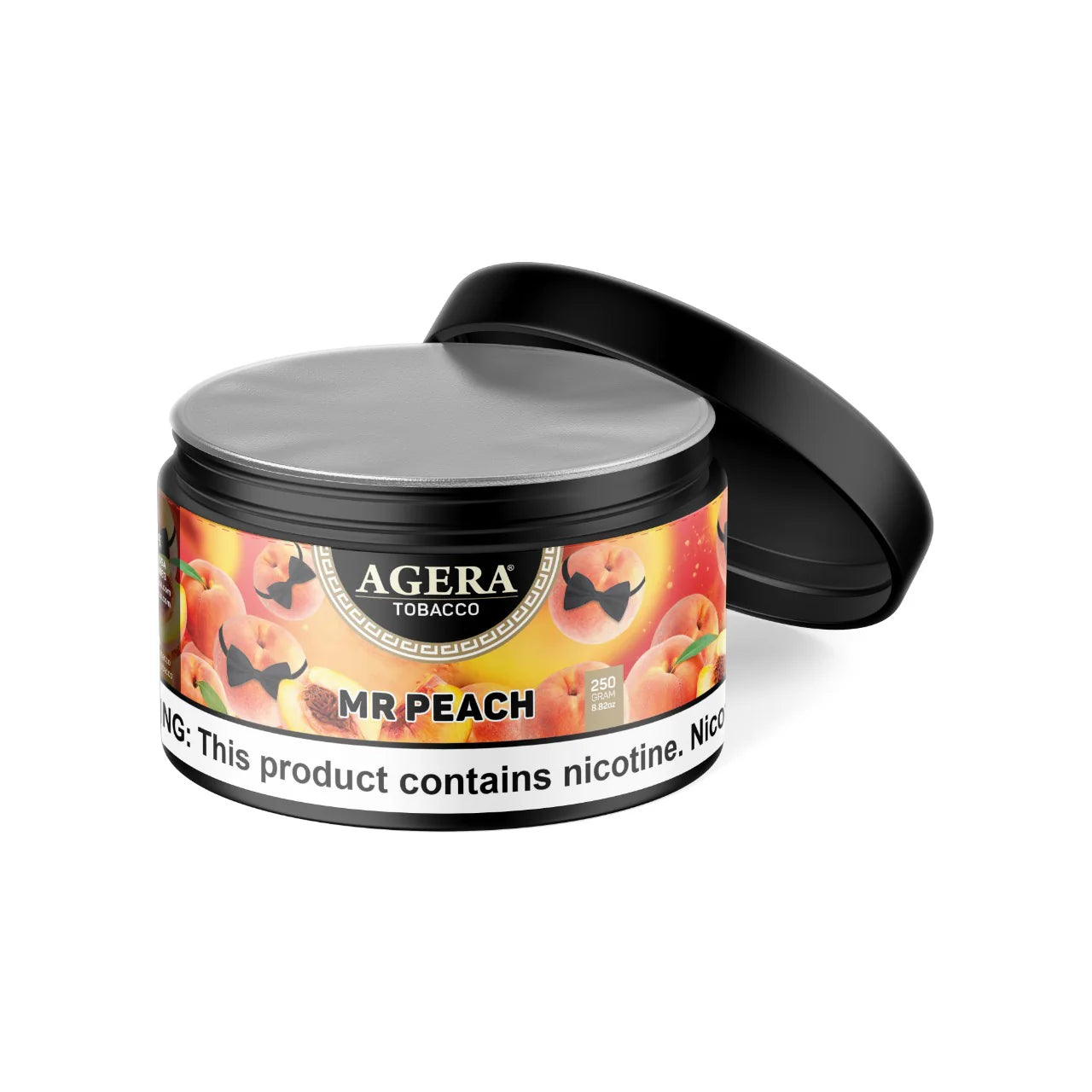 Agera Mr Peach tobacco product container with black lid on a white background