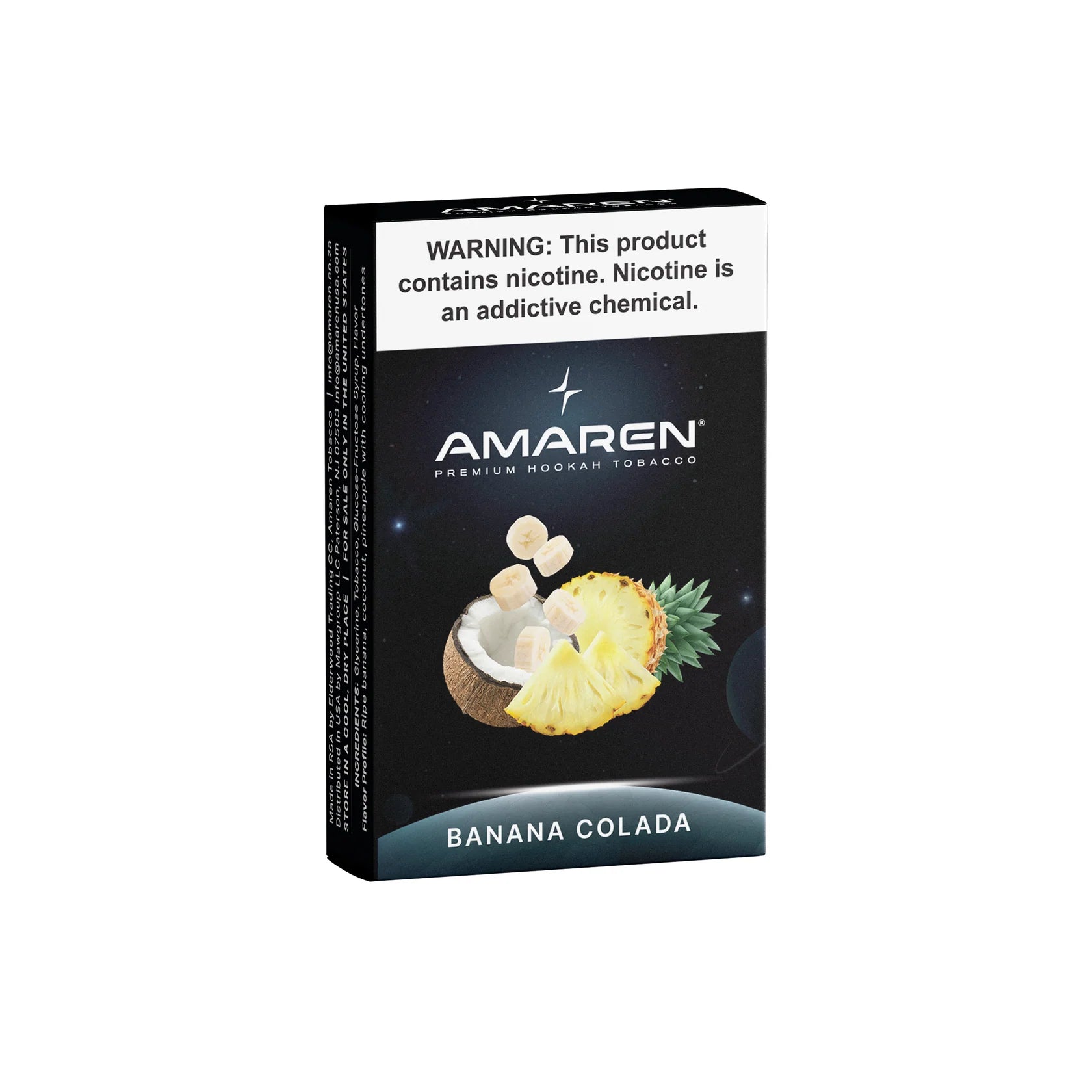 Amaren hookah tobacco packaging with a banana colada flavor on a white background