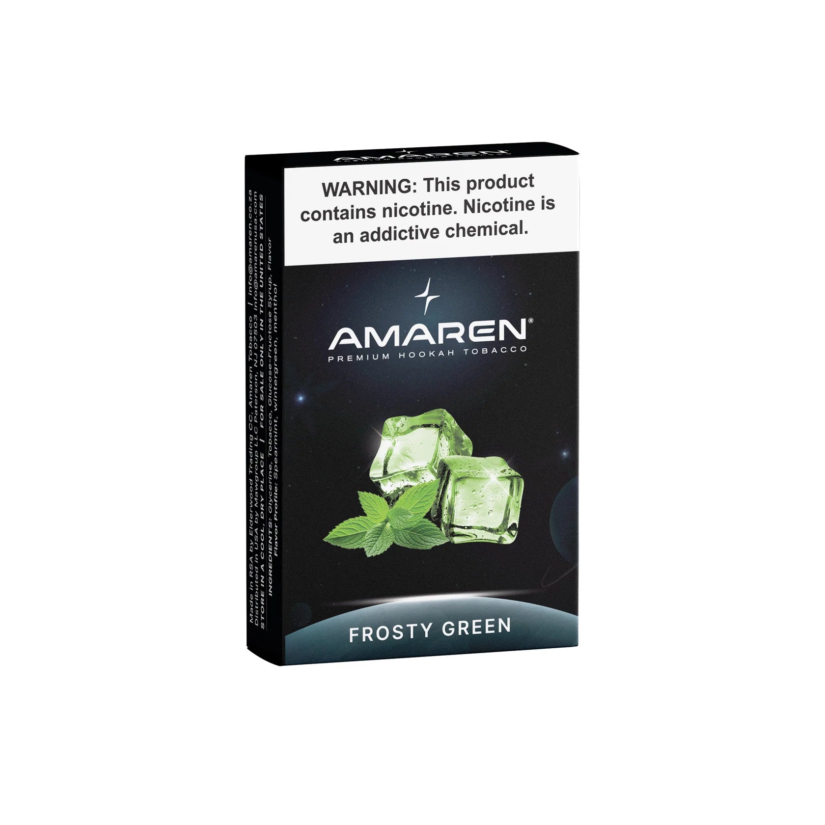 Amaren Frosty Green hookah tobacco packaging on a white background